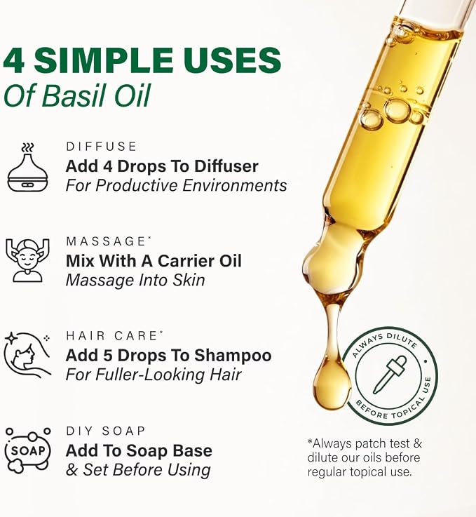 100% Pure Basil Oil - 4 Fl Oz Basil Essential Oil for Hair, Skin, Diffuser, Aromatherapy & DIY Soap Making Scent