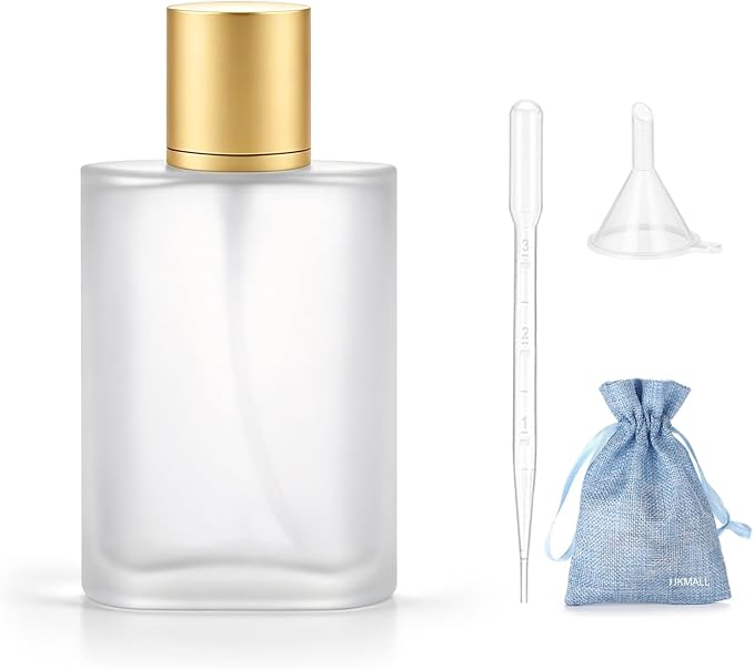 100ml 3.4oz Frosted Glass Spray Bottle | For Essential Oils & Perfume, Empty Refillable Atomizer, Fine Mist, Includes Makeup Funnel, 3ml Dropper & Gift Bag