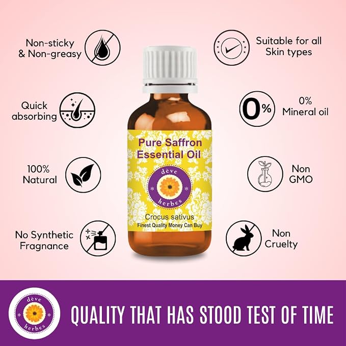 dève herbes Saffron Essential Oil (Crocus sativus) Pure | Non-Sticky | Non-Greasy | Lightweight | Men & Women | All Skin Types | Steam Distilled 10ml (0.33 oz)