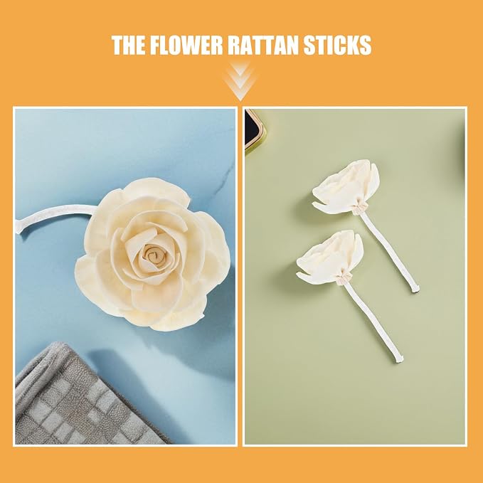 Hemobllo 4pcs Sola Wood Camellia Flower Diffuser Sticks 7cm Head & 12cm cotton wick, fast-absorb refill for 50-200ml bottles, color-changing petals for spa bathroom bedroom office, DIY aromatherapy gi