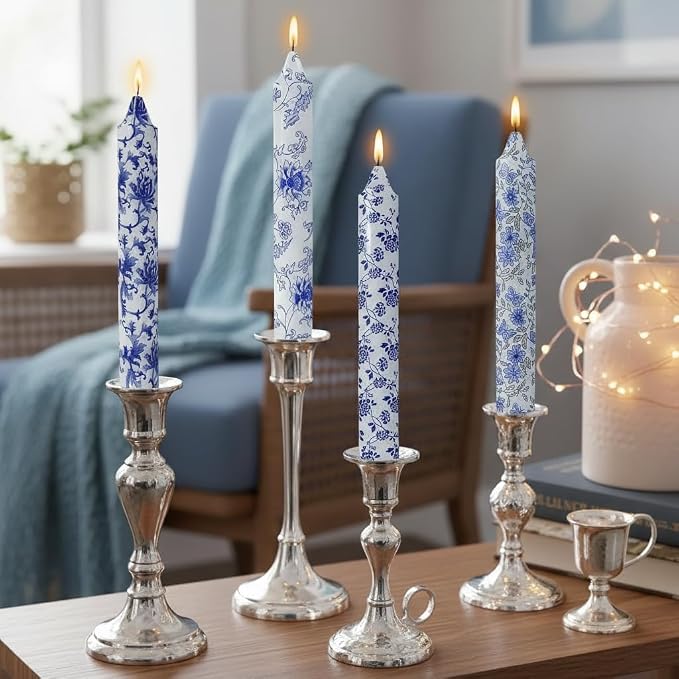 Flowers Printed Candle Taper Candles 9 inch - 4 Pack Blue and White Porcelain Candle Dripless, Smokeless, Unscented Tall Candlesticks - Perfect for Home Decor, Weddings, and Special Occasions