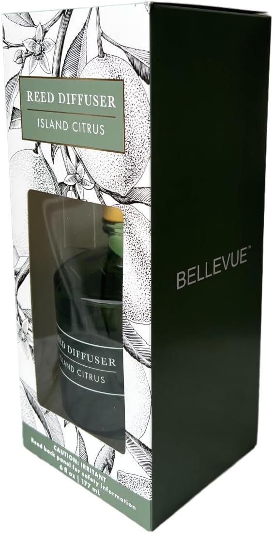 Bellevue Diffuser, 6 fl oz Glass Filled Diffuser, Highly Concentrated Fragrances with Essential Oils, Home Fragrance, Scent: Island Citrus