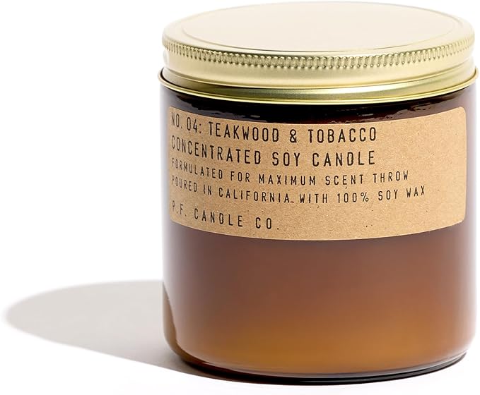 P.F. Candle Co. Teakwood & Tobacco Classic Large Concentrated Scented Soy Wax Candle (12.5 oz) 60-70 Hour Burn Time, Amber Glass Jar, Made in the U.S.A.