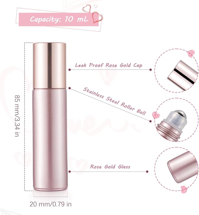 10 Pack 10mL Essential Oil Roller Bottles Empty Glass Roll On Bottles Rose Gold with Stainless Steel Ball Applicator for Perfume Refillable Leak Proof Travel Portable DIY Craft Eye Care Sample