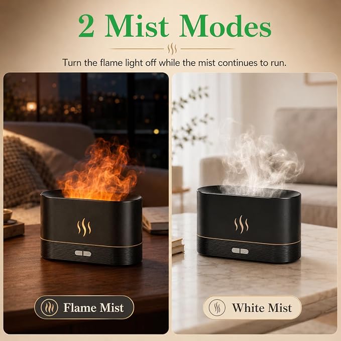 Aegci Flame Air Diffuser Humidifier, 180ML Essential Oil Diffuser with Fire Mist Effect, Ultrasonic Aroma Diffuser, 2 Brightness Modes, Auto-Off, for Bedroom Home Office(Black)
