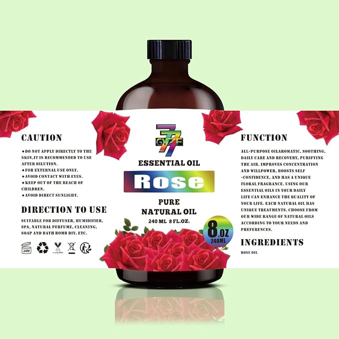 Rose Essential Oil, Rose Oils, 8 fl oz, for Diffuser, Humidifier, DIY Candles, Soap, Bath, Bedroom, Gift, Rose Fragrance Oil, GV77ZF Essential Oils