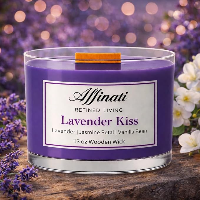Affinati Lavender Kiss Wooden Wick Candle – Premium Wooden Bowl, 13 oz