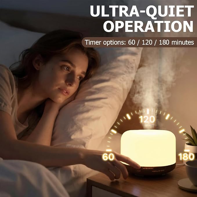 500ml Essential Oil Diffuser,Quiet 4-in-1 Ultrasonic Aromatherapy Humidifier,7 Color LED Lights,Timer & Auto-Off,BPA Free,Large Capacity Room Fragrance(Deep Woodgrain, Mini Model)