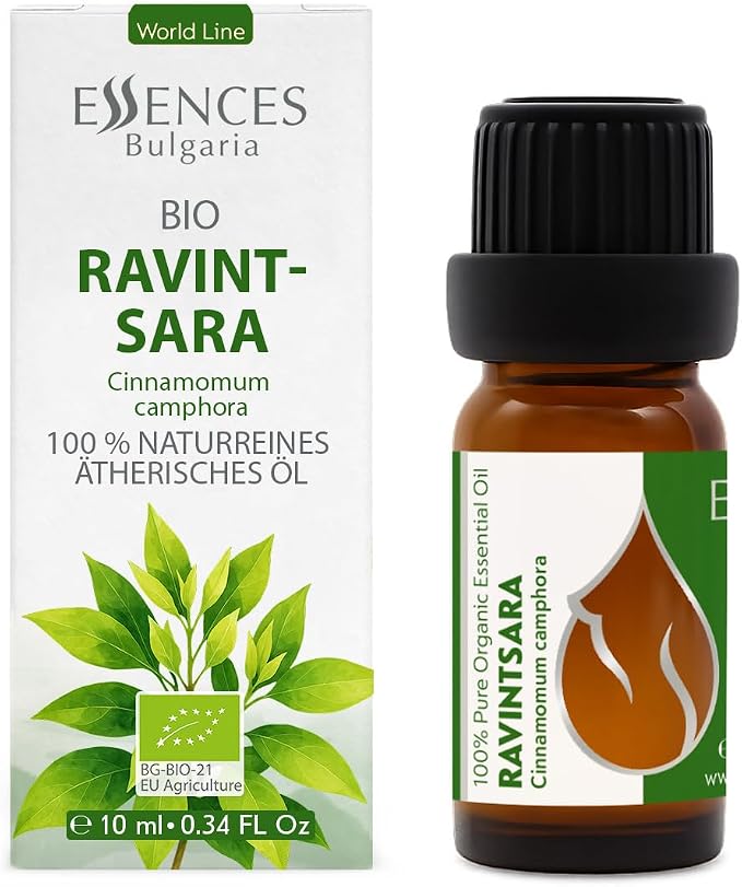 Essences Bulgaria Organic Ravintsara Essential Oil 0.34 Fl Oz | 10ml | Cinnamomum camphora | 100% Pure and Natural | Undiluted | Therapeutic Grade | Aromatherapy | Cosmetics | Cruelty Free | Non-GMO