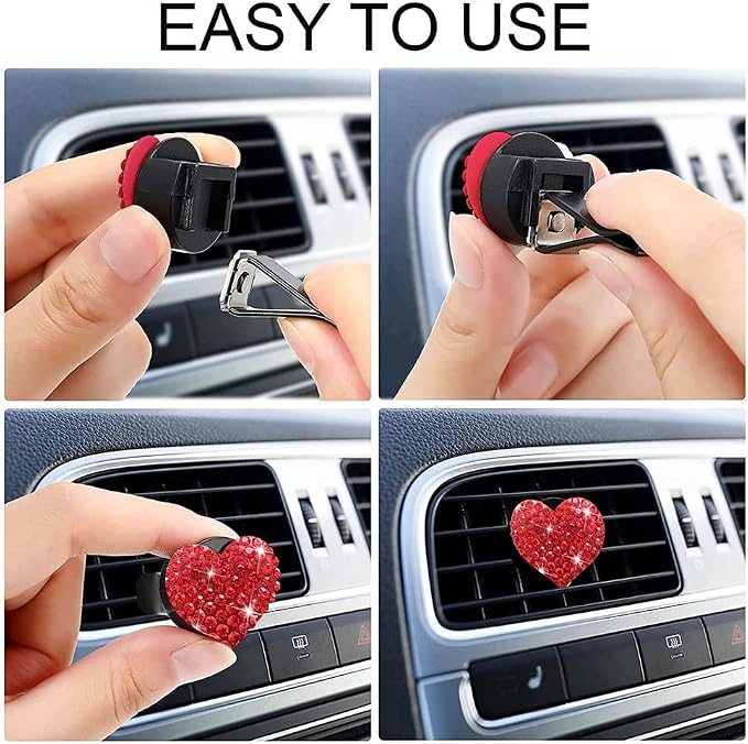 5 Pcs Bling Red Lips Air Vent Clips, Heart Shape Crystal Car Air Vent Clip Charms Car Air Fresheners for Women Rhinestone Diffuser Vent Clip Cute Car Decor Bling Car Accessories for Women (Red hearts)