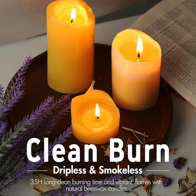Beeswax Candles Pillar 6 Pack, 2x4 Inch Non Toxic Bees Wax Candle for Home, Long-Lasting Burn Natural Honey Scented Pillar Candle for Air Purification, Emergency, Meditation