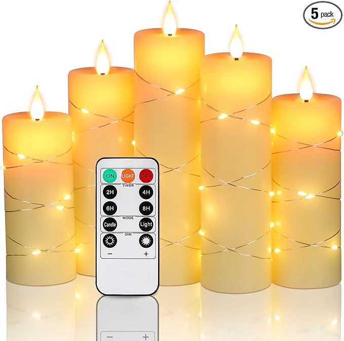Upinmz Flickering Flameless Candles with Embedded String Lights, Battery Operated Candles with Remote Control and Timer,LED Candles for Home Decoration,Real Wax, 5 Pack Ivory