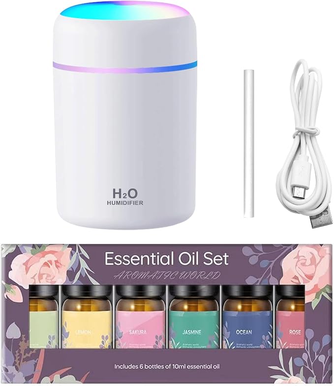 USB Essential Oil Diffuser with 6 Oils, Portable Ultrasonic Aromatherapy Diffuser for Home & Car, Cool Mist, 7-Color LED Night Light, Auto Shut-Off, One-Button Control,3 Colors (White)