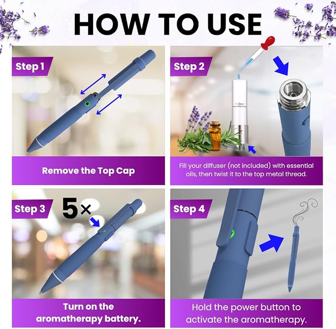 Aromatherapy Writing Pen Battery with Real Ink Tip and Hidden Diffuser Port, Soft Touch Ballpoint for Note Taking, Signature, and On-The-Go Relaxation, Rechargeable Wellness Gift for Office (Blue)