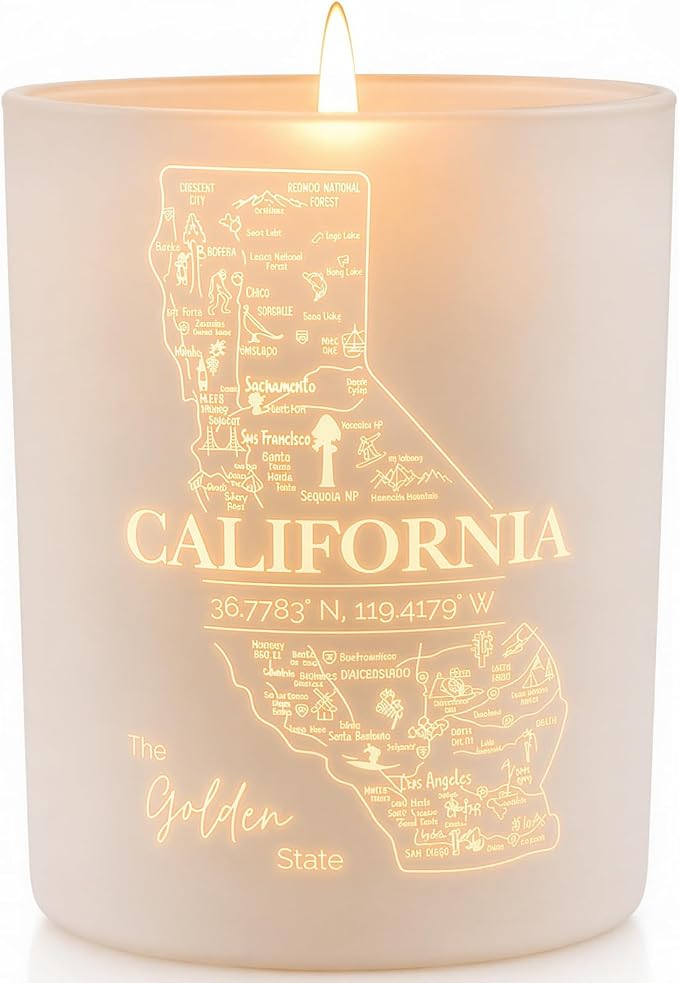 California Gifts - Glow-Through Engraved Candle -w/Sea Salt, Eucalyptus & Sage I California Decor for Home I California Souvenirs I California State Gifts I 9oz Jar, 50Hr Burn, USA Made