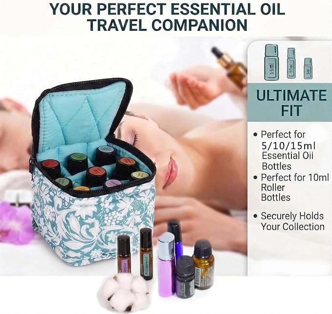 9 Bottles Essential Oil Carrying Case with Thick Foam Protection, Portable and Shockproof Organizer for 5ml to 10ml,15ml Bottles, Nail Polish, Roller Balls and Travel (Aqua Green)