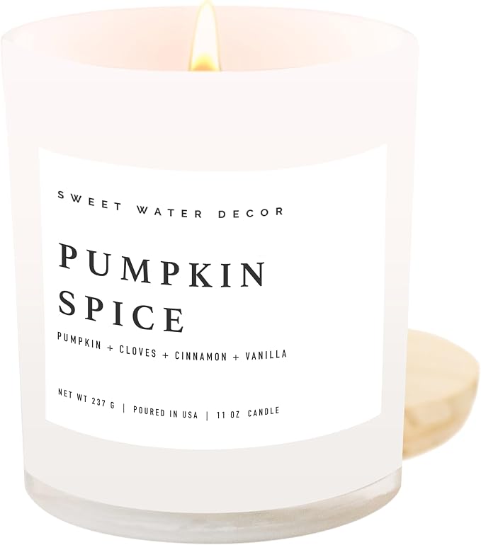 Sweet Water Decor Pumpkin Spice Candle - Fall Candles with Pumpkin, Clover, Cinnamon & Vanilla Scent for Home - Pumpkin Candle with 50 Hours Burn Time - 11Oz Wood Lid White Jar Soy Candles