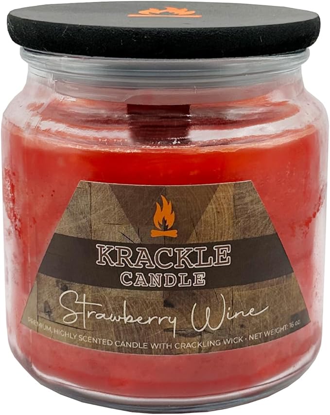 Krackle Candle | Strawberry Wine | 16 oz Scented Candle with Natural Crackling Wooden Wick | Poured in the USA | Fruity Strawberry & Summer Berry Fragrance