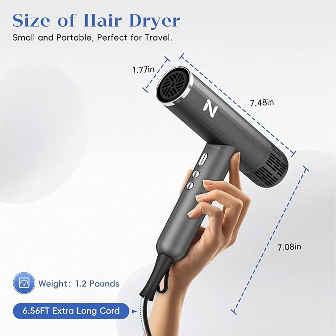Natrial Ionic Professional Hair Dryer with Diffuser for Curly Hair,1600W&110000RPM High Speed Blow Dryer for Women,Fast Drying,Lock Function,Low Noise,Lightweight for Home Travel Salon,Gray
