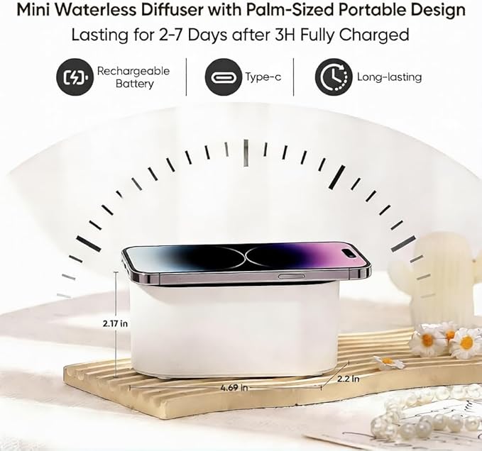 Lecdura Waterless Diffuser for Essential Oil, Battery Operated Scent Air Aromatherapy Diffuser, Mini Aroma Diffusers with 3 Intermittent Mist Modes, Cycle Start for 400-700 sq.ft Home Office Bedroom.