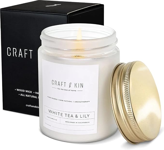 Craft & Kin Premium White Tea & Lily Scented Candle – Long Lasting, 45 Hour Burn Time – Luxury Natural Soy Scented Candle with Wood Wick – Room Decor and Aromatherapy – 8 oz