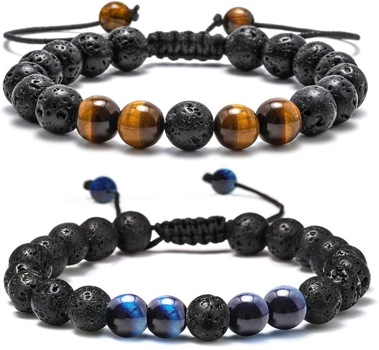 M MOOHAM Mens Bracelet - Beaded Natural Stone 8mm Tiger Eye Matte Agate Lava Rock Bracelets for Men Teen Boys Grandpa Dad Birthday Gifts Jewelry