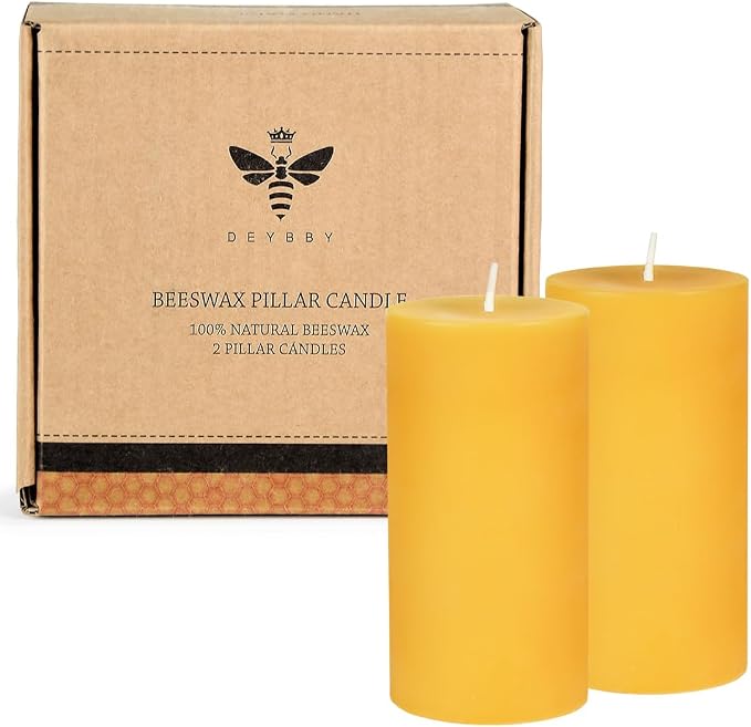 DEYBBY 2x4 inch Natural Beeswax Pillar Candle Set of 2, Smokeless Dripless Pure Organic Beeswax Candle with Natural Scent for Home Decor Blackout Housewarming Party Event, Long Burn, Yellow