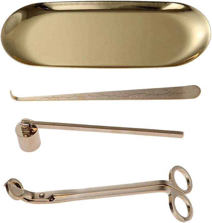 MUXSAM 4 in 1 Candle Accessory Set - Wick Trimmer, Dipper, Snuffer, Storage Tray Plate, Candle Care Tools Gift for Lovers of Home Decoration (Gold)