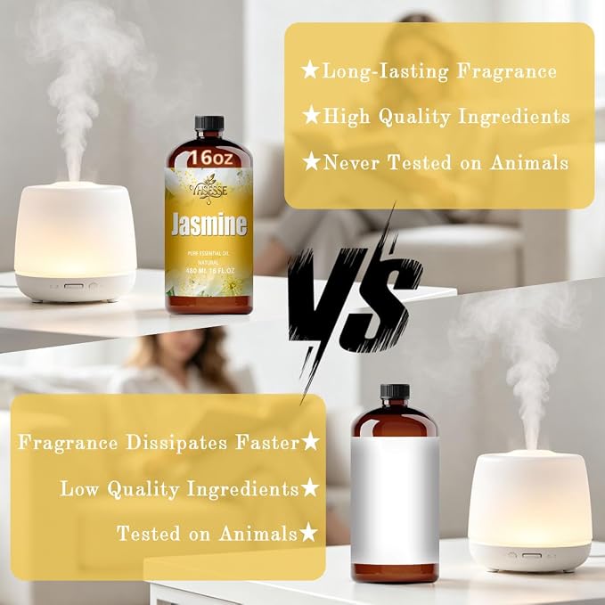 Jasmine Essential Oil, Jasmine Oil 16 Fl Oz 480ml for Diffuser Yoga Soap & Candle Making – with 0.33 Oz Roller Ball & Funnel YHSESSE Essential Oils