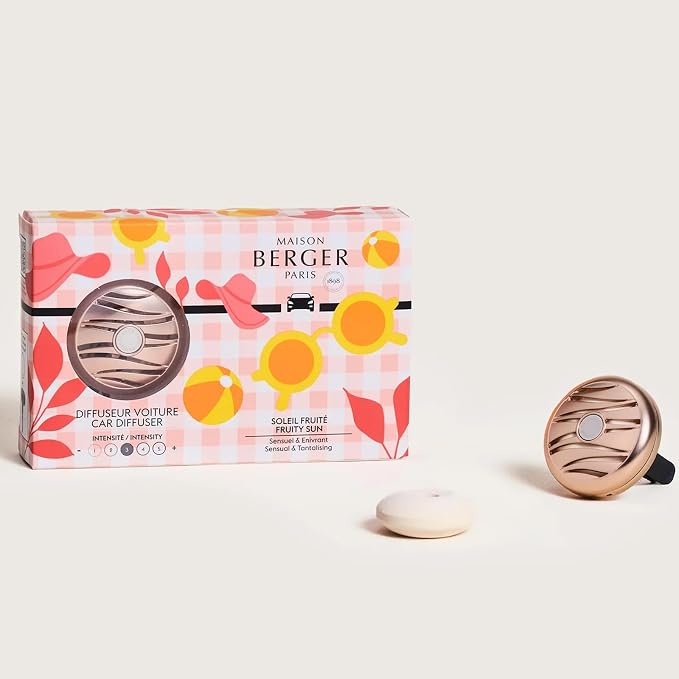 MAISON BERGER Car Diffuser Set, Fruity Sun | Plum Peach Pineapple Notes, Refillable Vent Clip with Ceramic Refill, Passive 4-Week Diffusion, Made in France