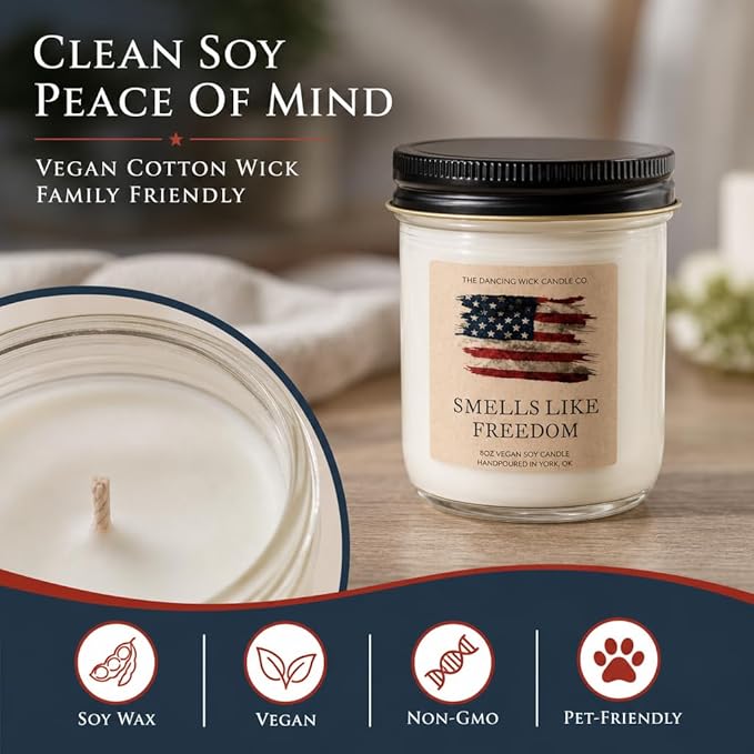 The Dancing Wick Smells Like Freedom Candle, 8oz, Handcrafted Soy Wax, Gunpowder, Vanilla, Musk Scent, Made The in USA - 4th of July Patriotic Gift Décor (Smells Like Freedom)