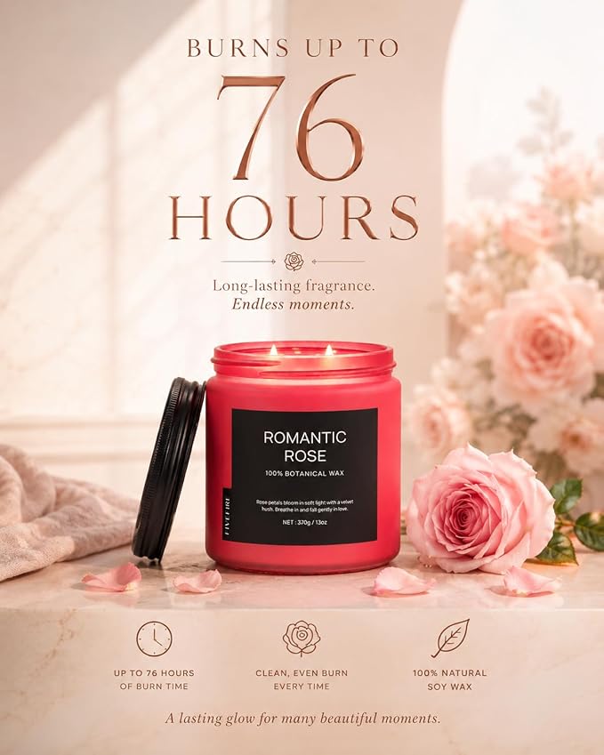 Rose Scented Candles for Home, 13oz Natural Soy Wax 2-Wick Candle, Up to 76-Hour Clean Burn, Romantic Floral Home Fragrance, Relaxing Candle Gifts for Women, Mom, Wife