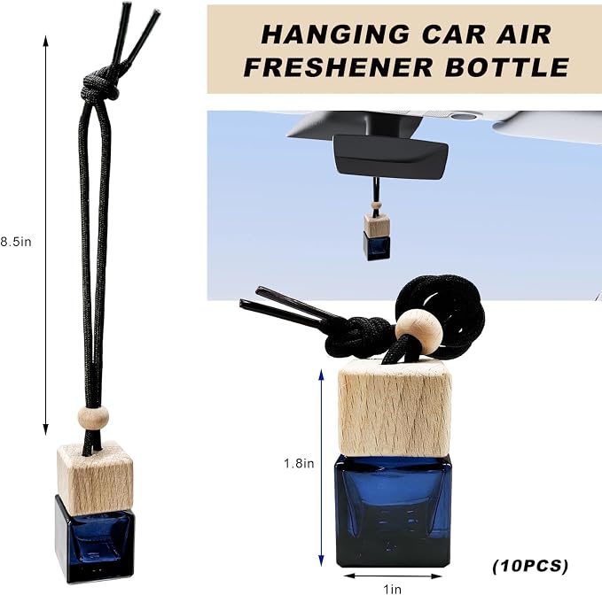 10PCS Hanging Car Air Freshener Bottle, Empty Glass Car Diffuser Cube Bottle Pendant with Wooden Cap, Refillable Essential Oil Bottles Hanging Ornament for Auto Home Office