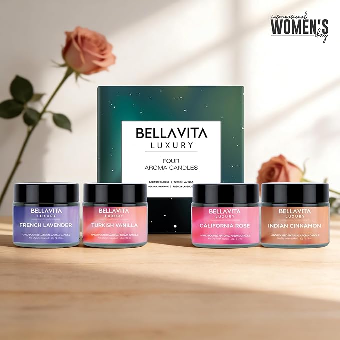 Bella Vita Organic Fall Decor Candles Set of 4 | Best Gift for Valentine's Day | Turkish Vanilla, French Lavender, Indian Cinnamon & California Rose | Long Lasting, Home Decor | Gift for Her