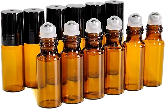 50 PCS 5ml Amber Glass Roller Bottle,Essential Oil Sample Vials with Stainless Steel Roller Ball,Black Caps,for Travel Perfume Cosmetics Small Container(2 Funnels, 2 Dropper, 1 Opener) (5ml)
