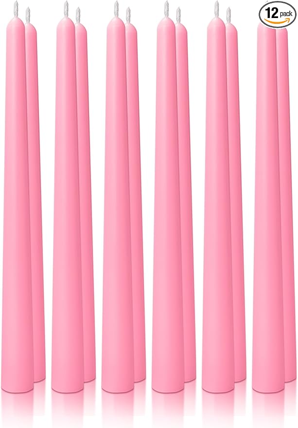 10" Classic Taper Candles, Pink, 12-Pack, 7-8 Hours Long Burning, Unscented Tall Candlesticks