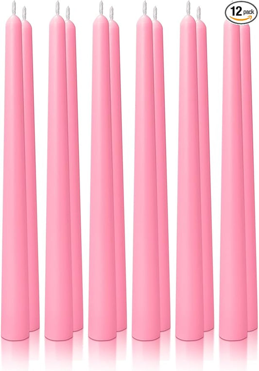10" Classic Taper Candles, Pink, 12-Pack, 7-8 Hours Long Burning, Unscented Tall Candlesticks