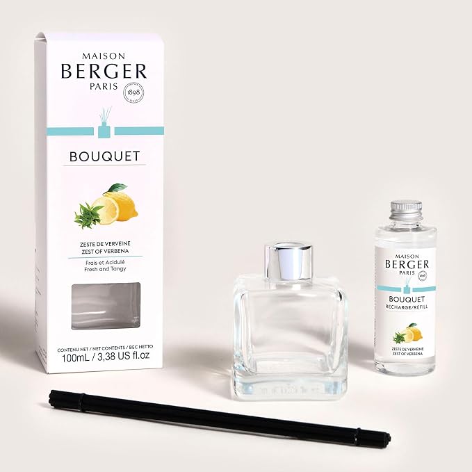 MAISON BERGER Reed Diffuser Bouquet, 100 ml, Zest of Verbena | Clear Glass Bottle, 8 Reed Sticks, 100 ml Refill, Up to 6-Week Passive Diffusion, No Flame, Made in France