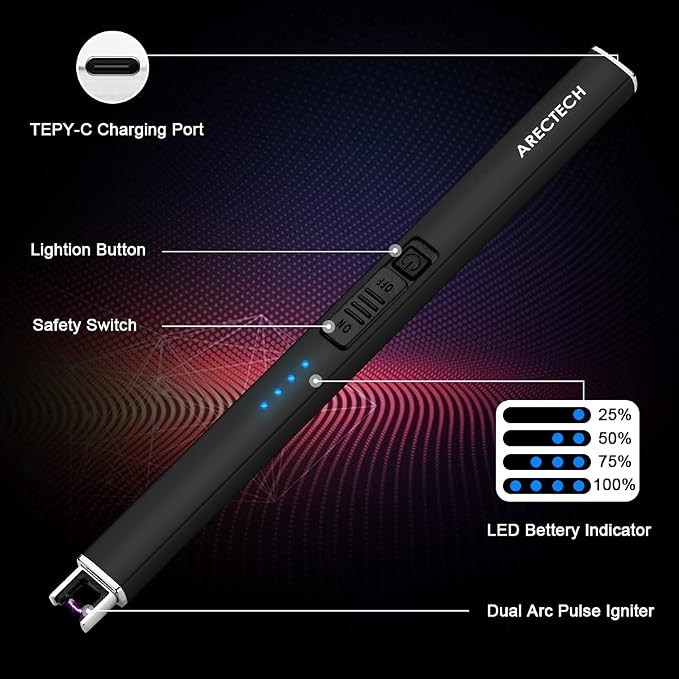 ARECTECH Electric Candle Lighter with Type-C Cable Rechargeable Plasma Arc Lighter for Candle Camping Kitchen Stove Birthday Gift for Man Women Wife Black