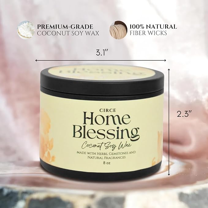 Circe Spell Candle “Home Blessing” Coconut Soy Wax Candle Jar – Premium Hand Poured & Long Burning – Herbs, Crystals & Natural Fragrance Oils- Peaceful, Cleansed & Loving Space - Self Care, Gift- 8oz