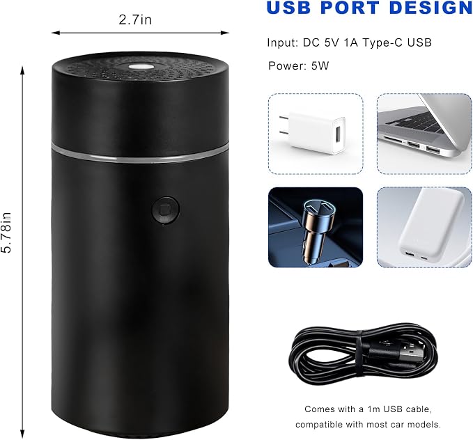 Sun Walker Smart Car Fragrance Diffuser, 80ml USB-Powered Ultrasonic Mist Humidifier Air Freshener with Lights, Portable Essential Oil Diffuser Aromatherapy Humidifier for Car Office Bedroom