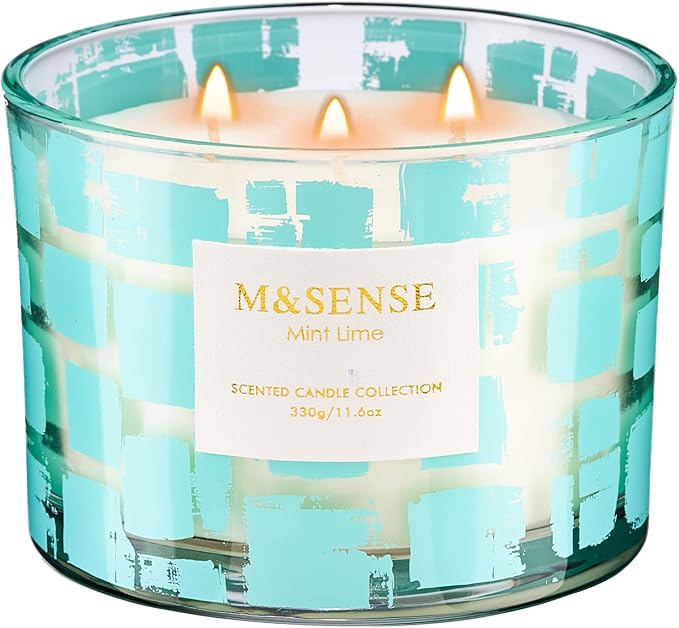 M&SENSE Mint Lime Scented Candle,11.6oz Natural Soy Wax Non Toxic for Home, 3 Wick Jar Candle, Up to 60 Hours Burn time, Stress Relief Candles for Women/Men