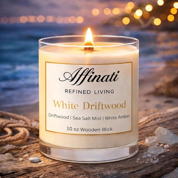 Affinati White Driftwood Scented Candle, 10 oz Wooden Wick Tumbler Jar – Highly Fragrant Clean Sun-Bleached Wood Aromatherapy, Soy Blend Gift