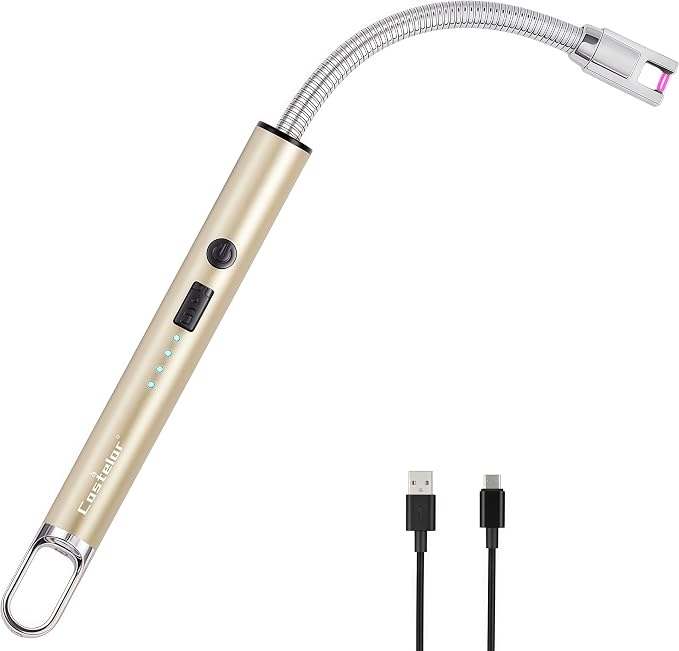 Castelar Electric Candle Lighter with Long Flexible Neck, USB Rechargeable Arc Lighter with Safety Lock for Candle, BBQ, Camping, Housewarming, and Birthday Gifts