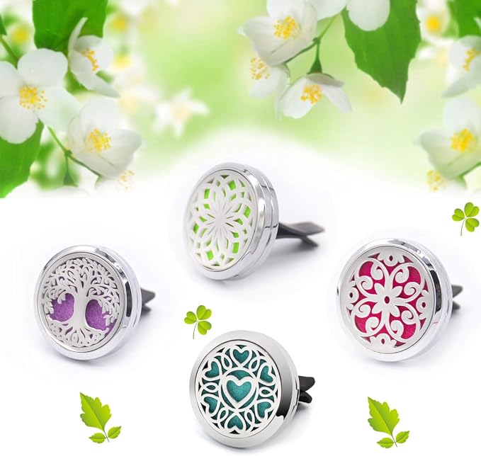 4 PCS Essential Oil Car Diffuser Vent Clip, Car Aromatherapy Diffuser Locket Air Freshener with 48 Refill Pads