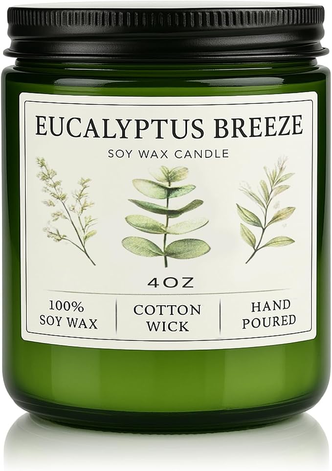 Eucalyptus & Mint Candles for Home Scented, 20 Hours Burn Soy Candle Gift for Women Stress Relief, Meditation, Yoga, Relaxing, Natural Soy Wax for Men and Women, 4oz