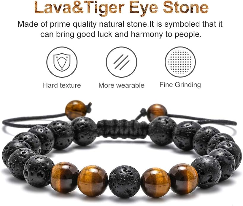 M MOOHAM Mens Bracelet - Beaded Natural Stone 8mm Tiger Eye Matte Agate Lava Rock Bracelets for Men Teen Boys Grandpa Dad Birthday Gifts Jewelry
