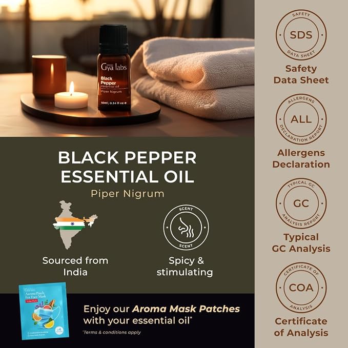 100% Pure Black Pepper Essential Oil - 0.34 Fl Oz - Black Pepper Oil for Hair, Skin, Diffuser, Aromatherapy & DIY Candle Making Scent