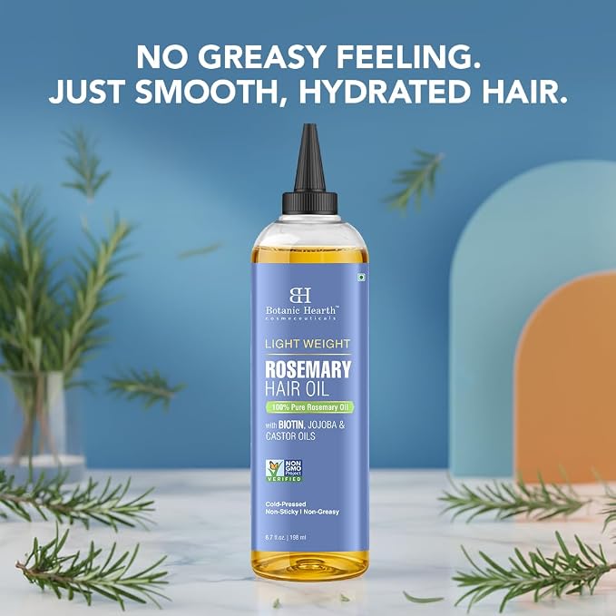 Botanic Hearth Rosemary Hair Oil | 6.7 fl oz | Lightweight Non-Greasy Oil for Fine & Thin Hair | With Rosemary, Castor Oil & Biotin | Smooths Frizz & Adds Shine | Daily Use for Men & Women
