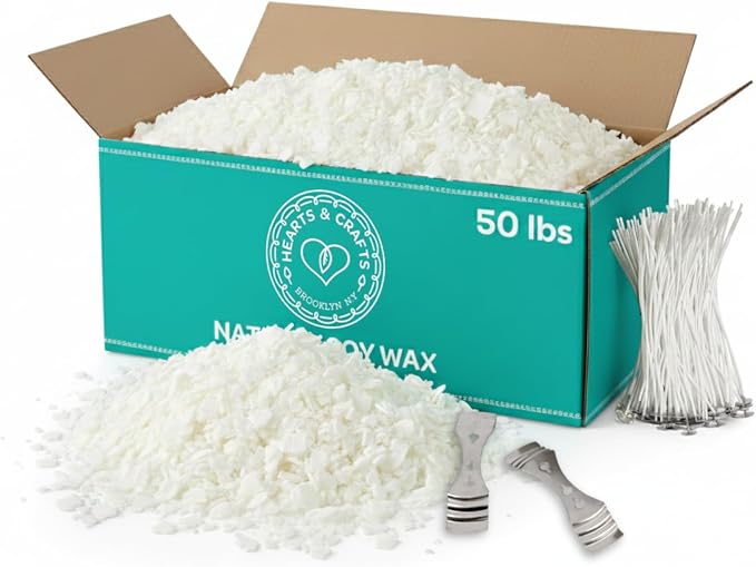 Hearts & Crafts Candle Making Kit - 50 lbs Soy Wax Flakes with 100 Pieces Pre-Waxed 6-Inch Wicks and 2 Metal Centering Devices - Premium DIY Candle Making Supplies